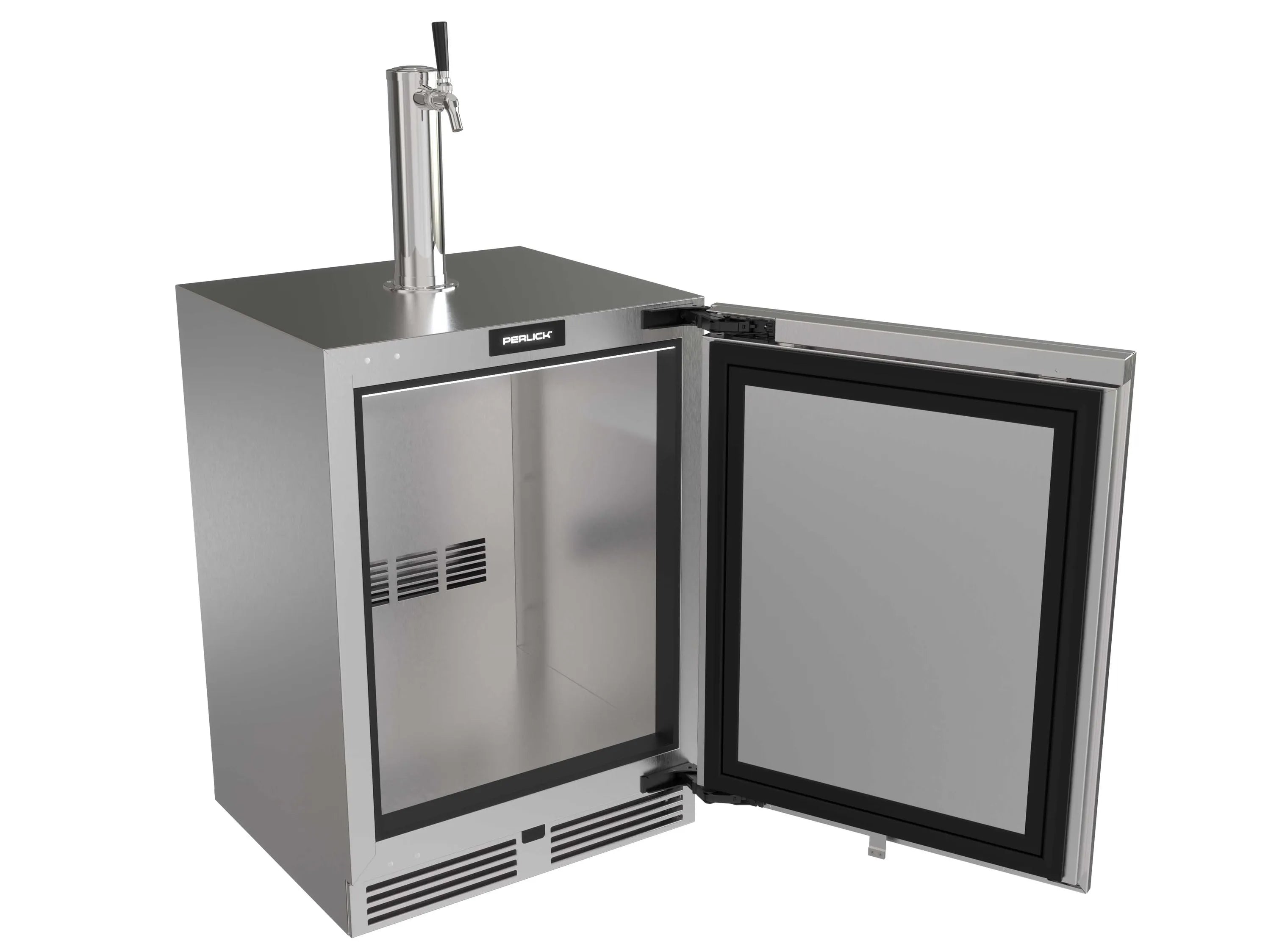 Stainless undercounter beverage dispenser with open door and faucet, panel-ready design