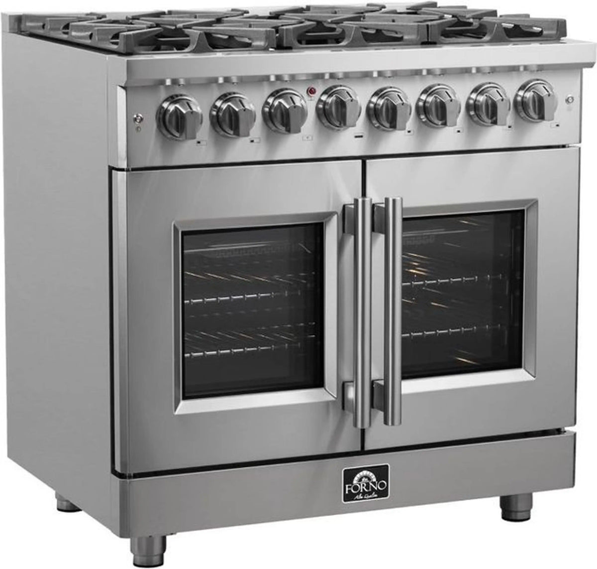 Stainless steel freestanding dual fuel range with two glass oven doors closed