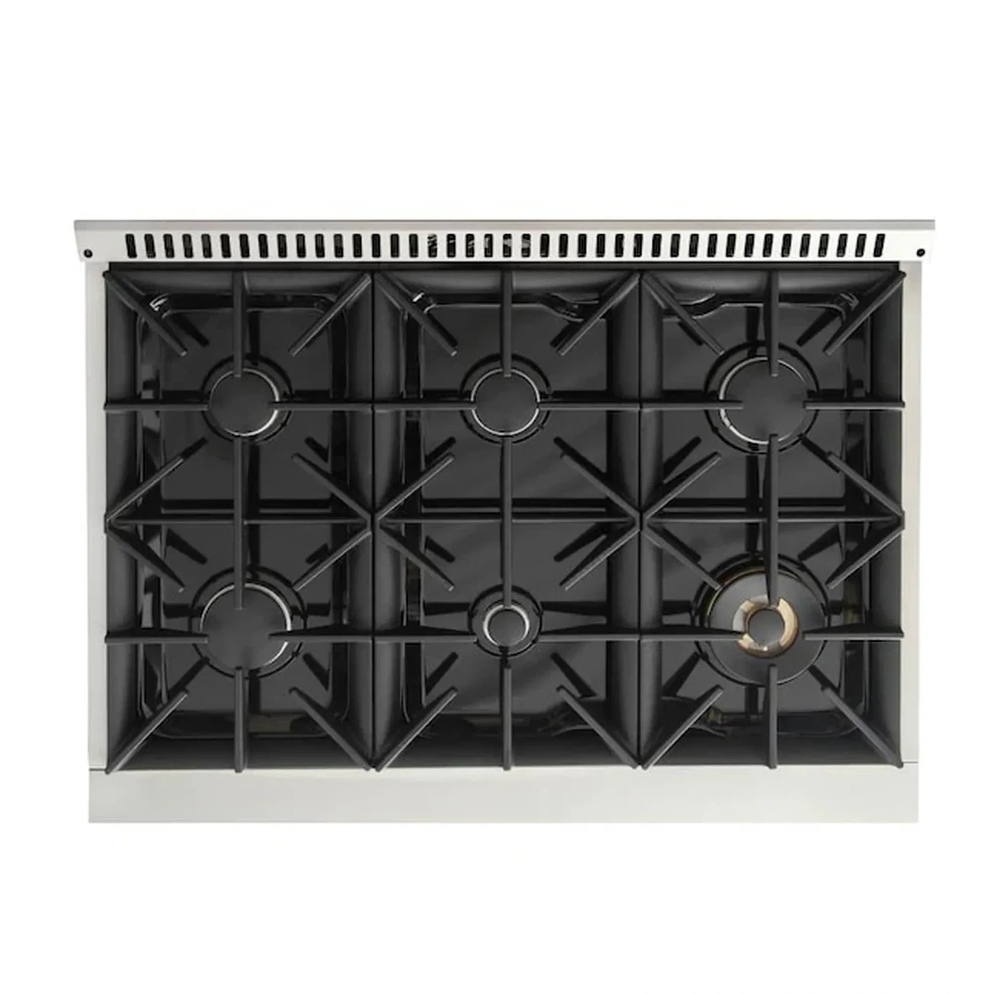 Light blue gas range cooktop with six black burner grates and center caps