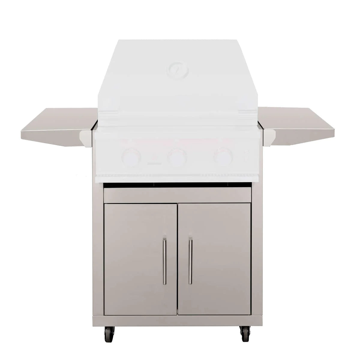 Stainless steel grill cart with side shelves, cabinet doors, and caster wheels