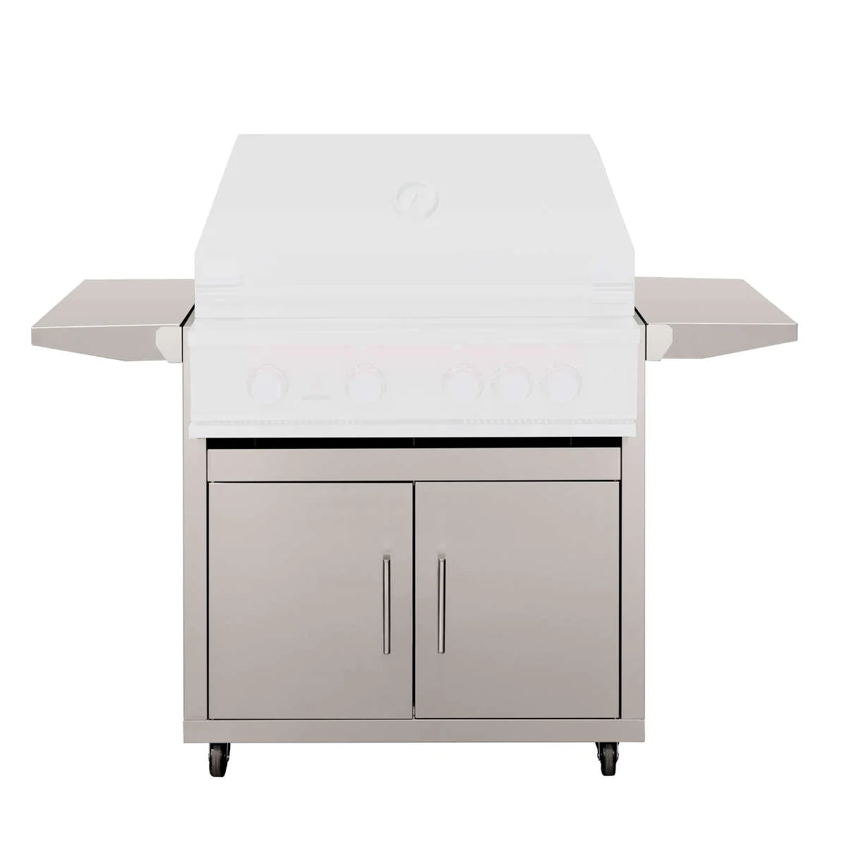 Stainless steel 32-inch grill cart with hood, two-door cabinet, side shelves, and wheels