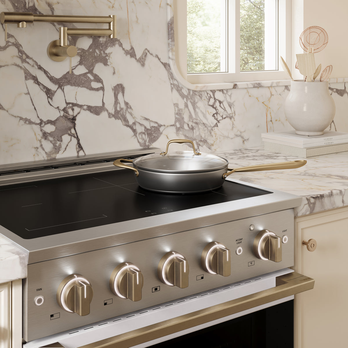 ZLINE Autograph 30-Inch Marino Induction Range in Stainless Steel with White Matte and Champagne Bronze (MINRZ-WM-30-CB) - kitchen lifestyle view