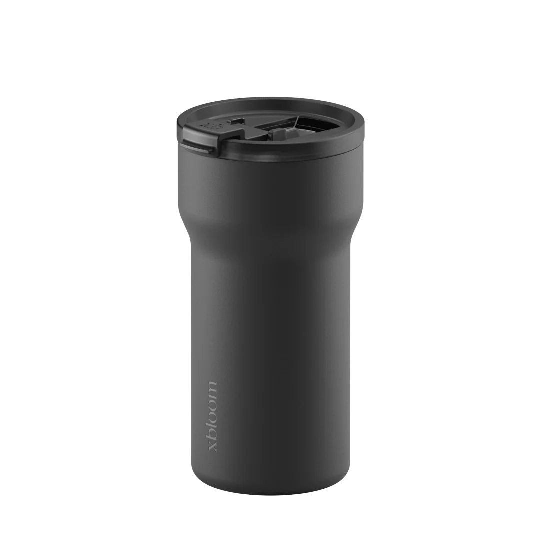 Charcoal black passenger tumbler with open flip lid and interior latch