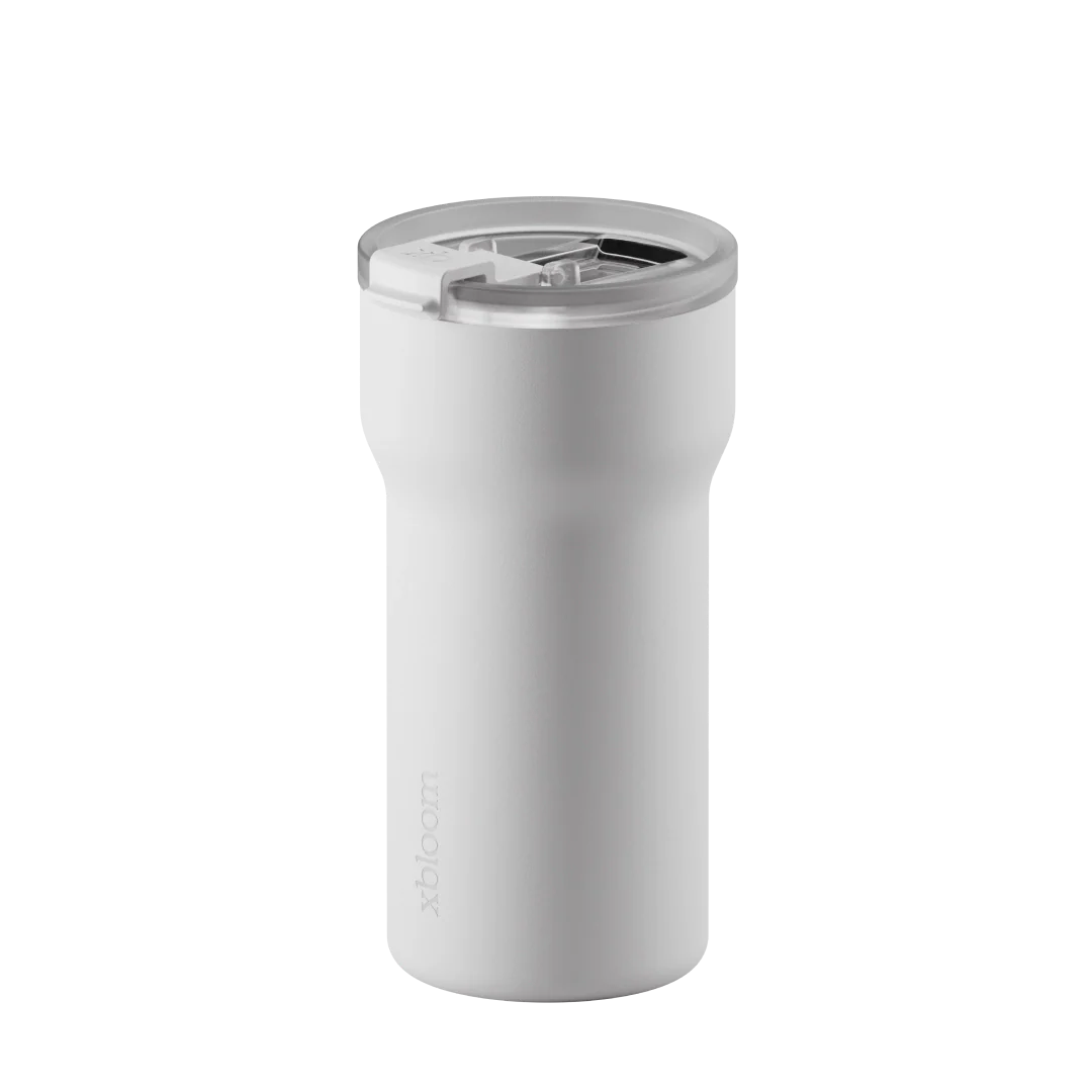 Cloud white passenger tumbler with open lid and drink opening