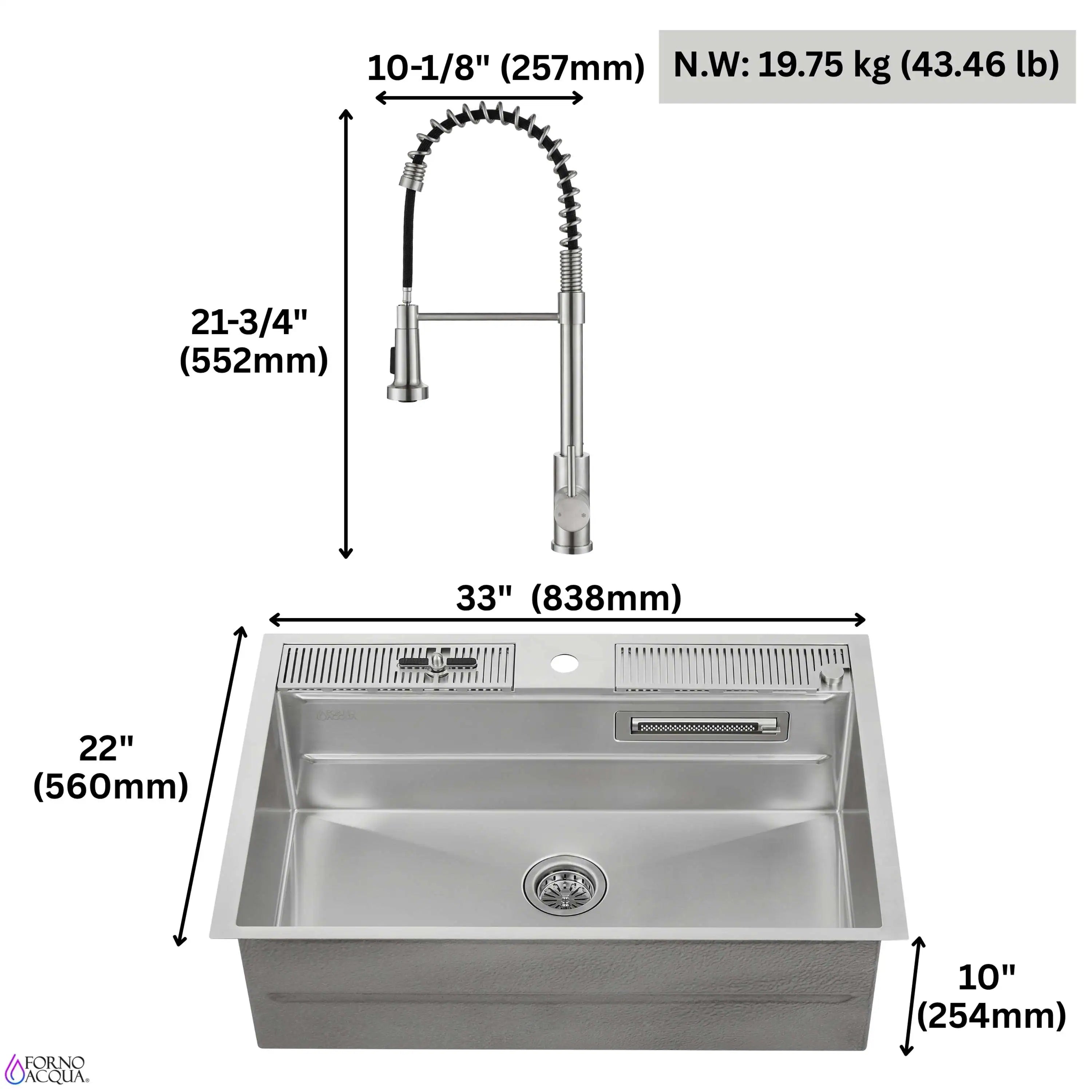 33-inch stainless multi-sink basin with integrated faucet and drain assembly