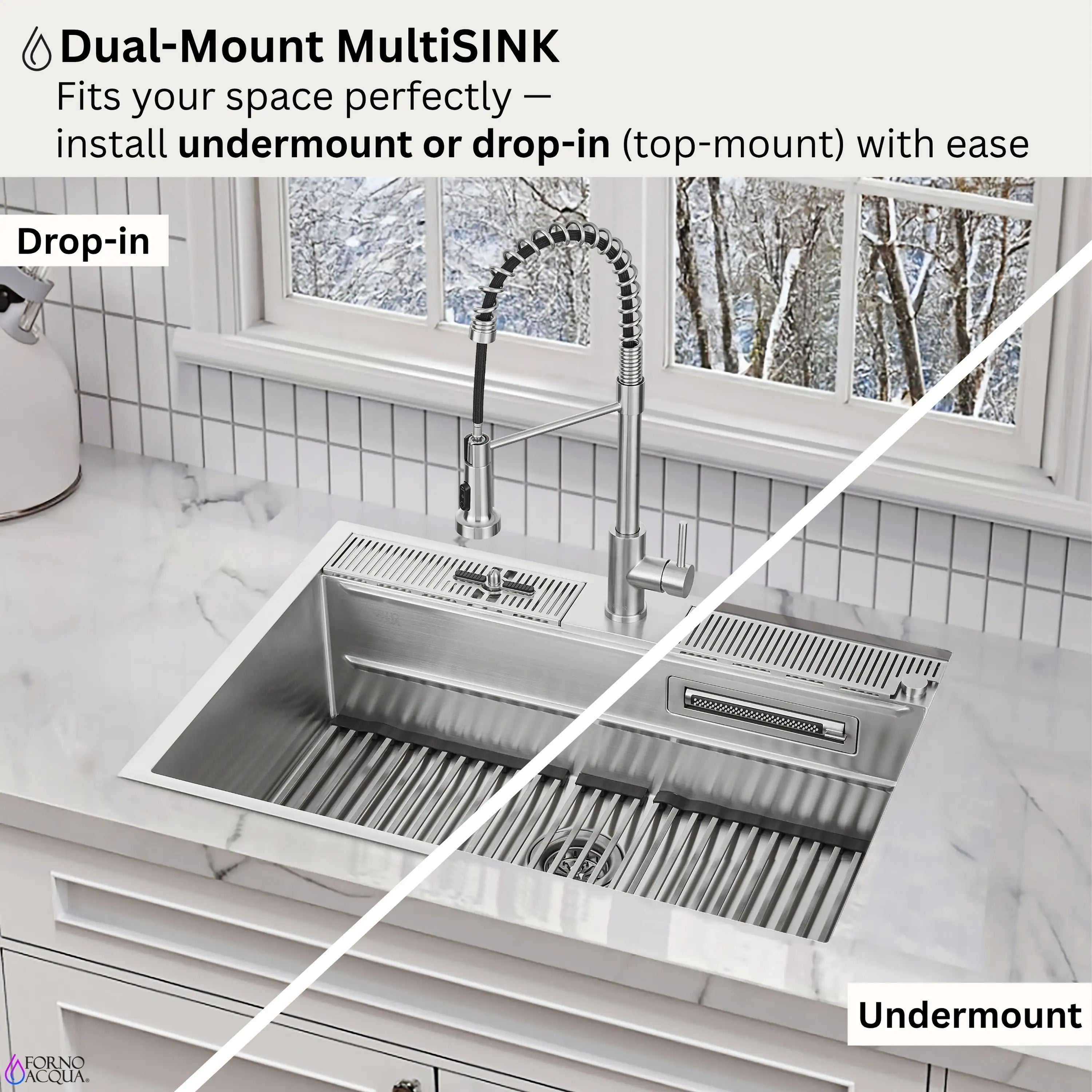 Dual-mount workstation sink with two stainless basins and retractable faucet
