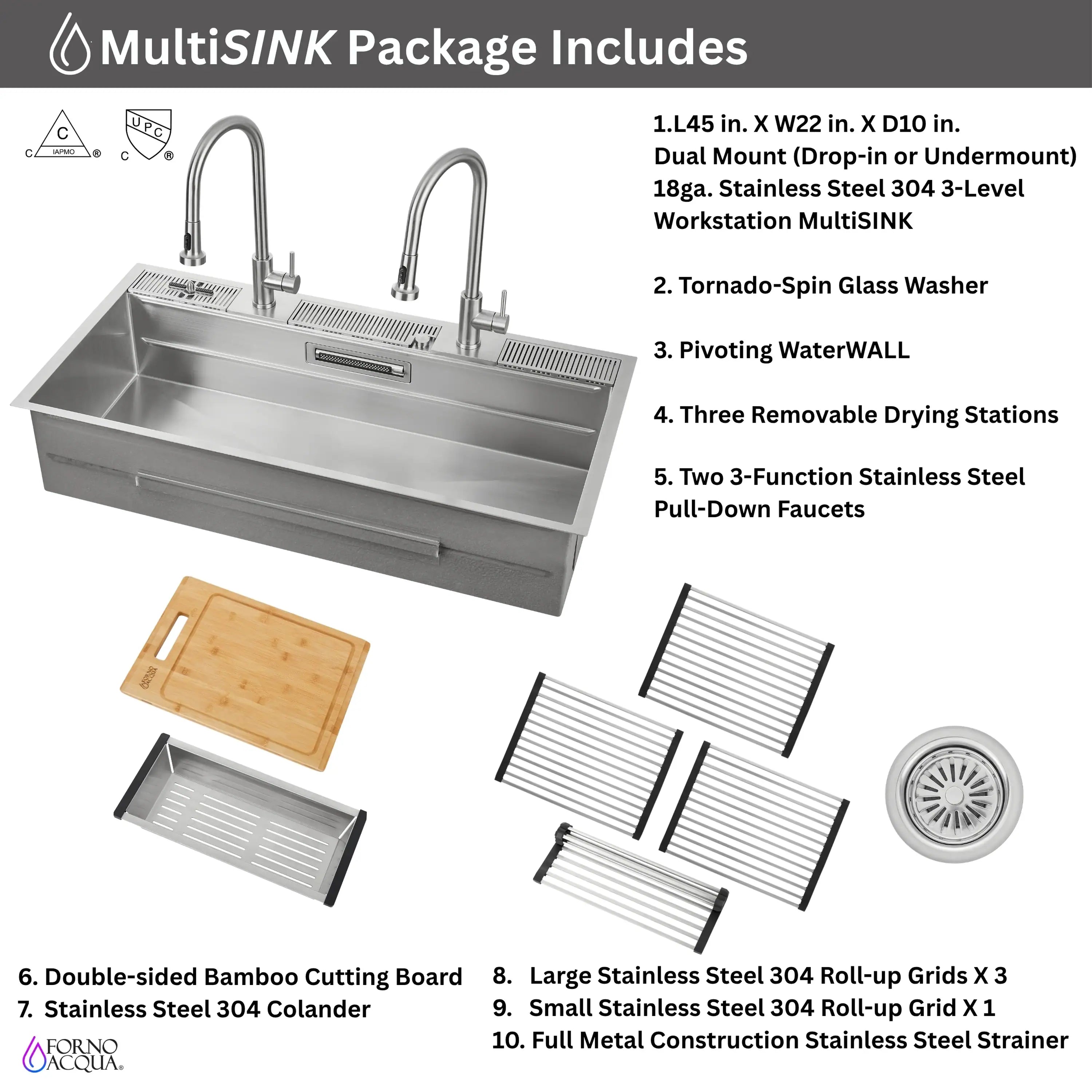 Forno Acqua workstation sink package includes accessories, faucets, and glass washer module