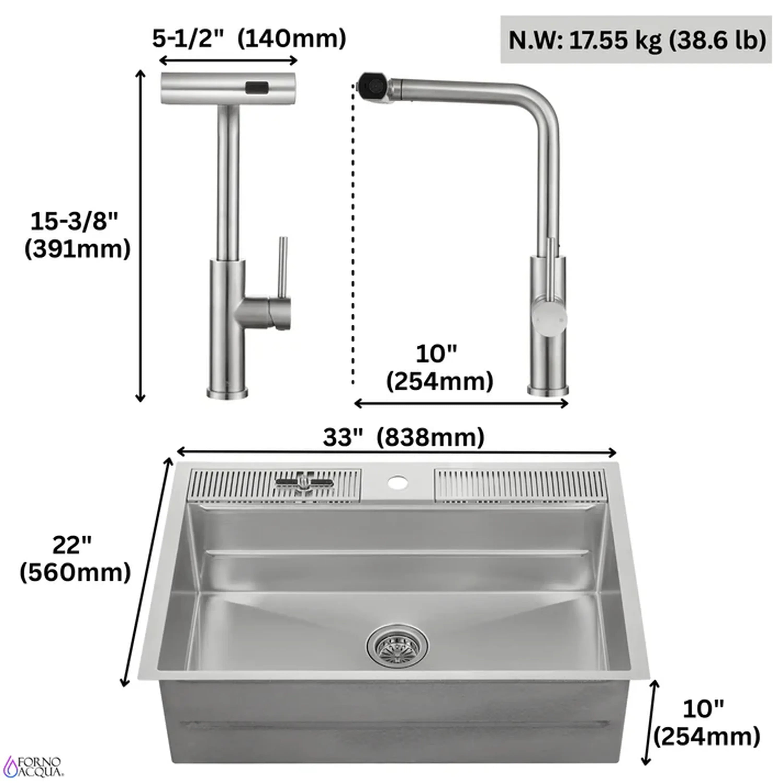 33-inch stainless steel workstation sink with waterfall faucet and glass rinser