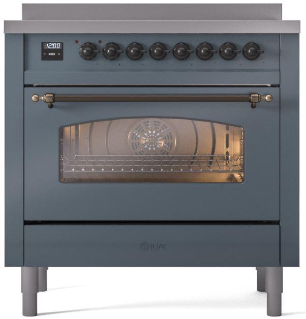 ILVE Nostalgie II 36-Inch Freestanding Electric Induction Range in Blue Grey with Bronze Trim (UPI366NMPBGB)