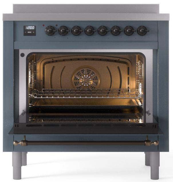 ILVE Nostalgie II 36-Inch Freestanding Electric Induction Range in Blue Grey with Bronze Trim (UPI366NMPBGB)