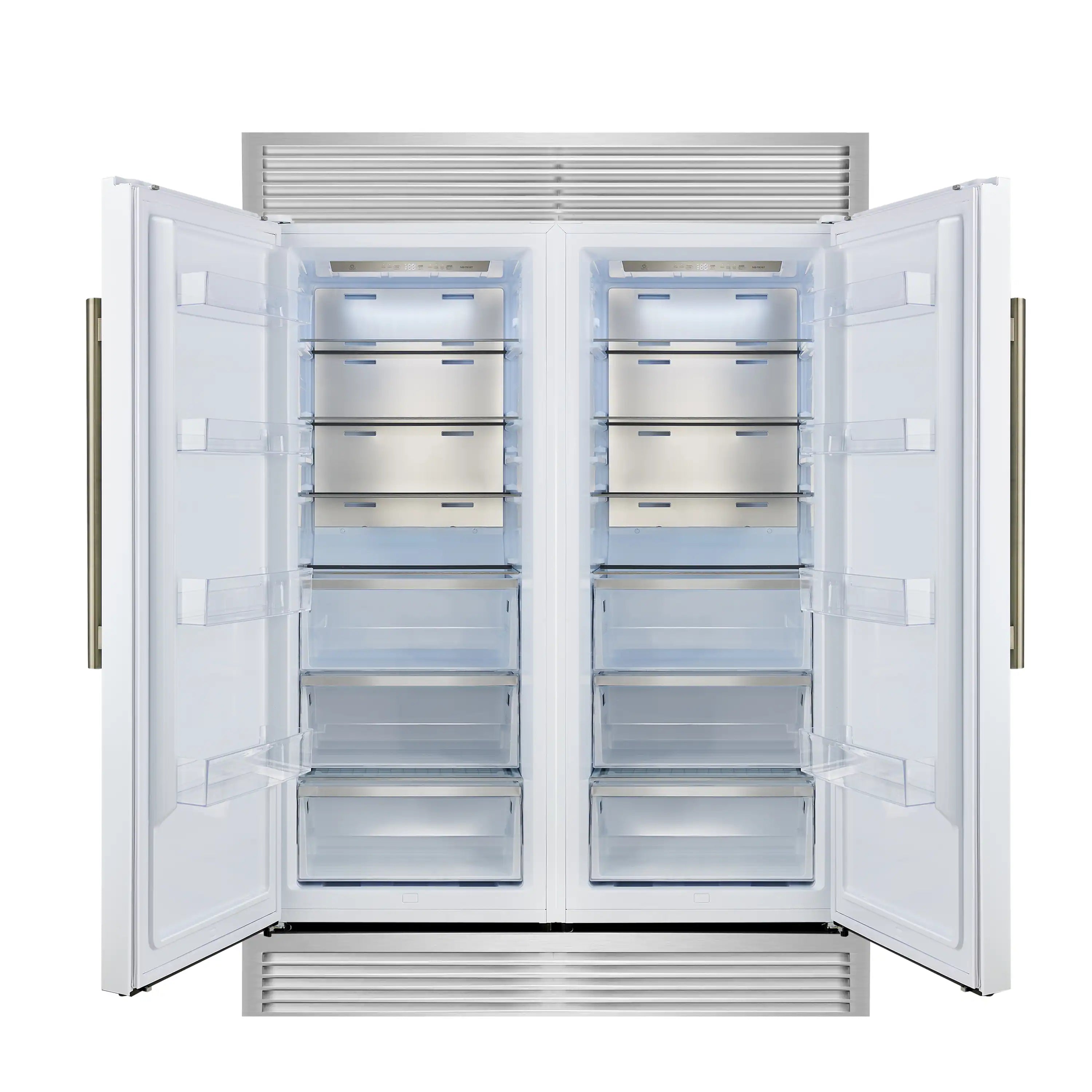 60-inch refrigerator with doors open, bright interior and glass shelving