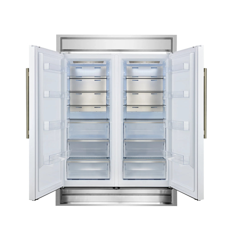 Forno 4-Piece Appliance Package - 36-Inch Dual Fuel Range, 60-Inch Refrigerator, Dishwasher, & 30-Inch Microwave Drawer in White with Antique Brass Handle