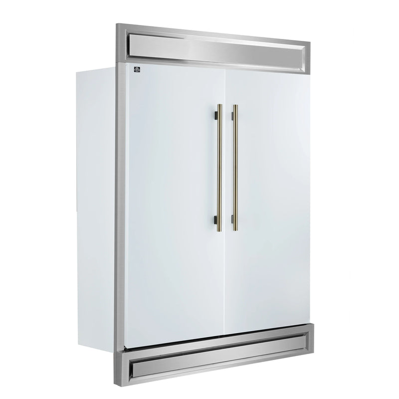 Forno 4-Piece Appliance Package - 36-Inch Dual Fuel Range, 60-Inch Refrigerator, Dishwasher, & 30-Inch Microwave Drawer in White with Antique Brass Handle