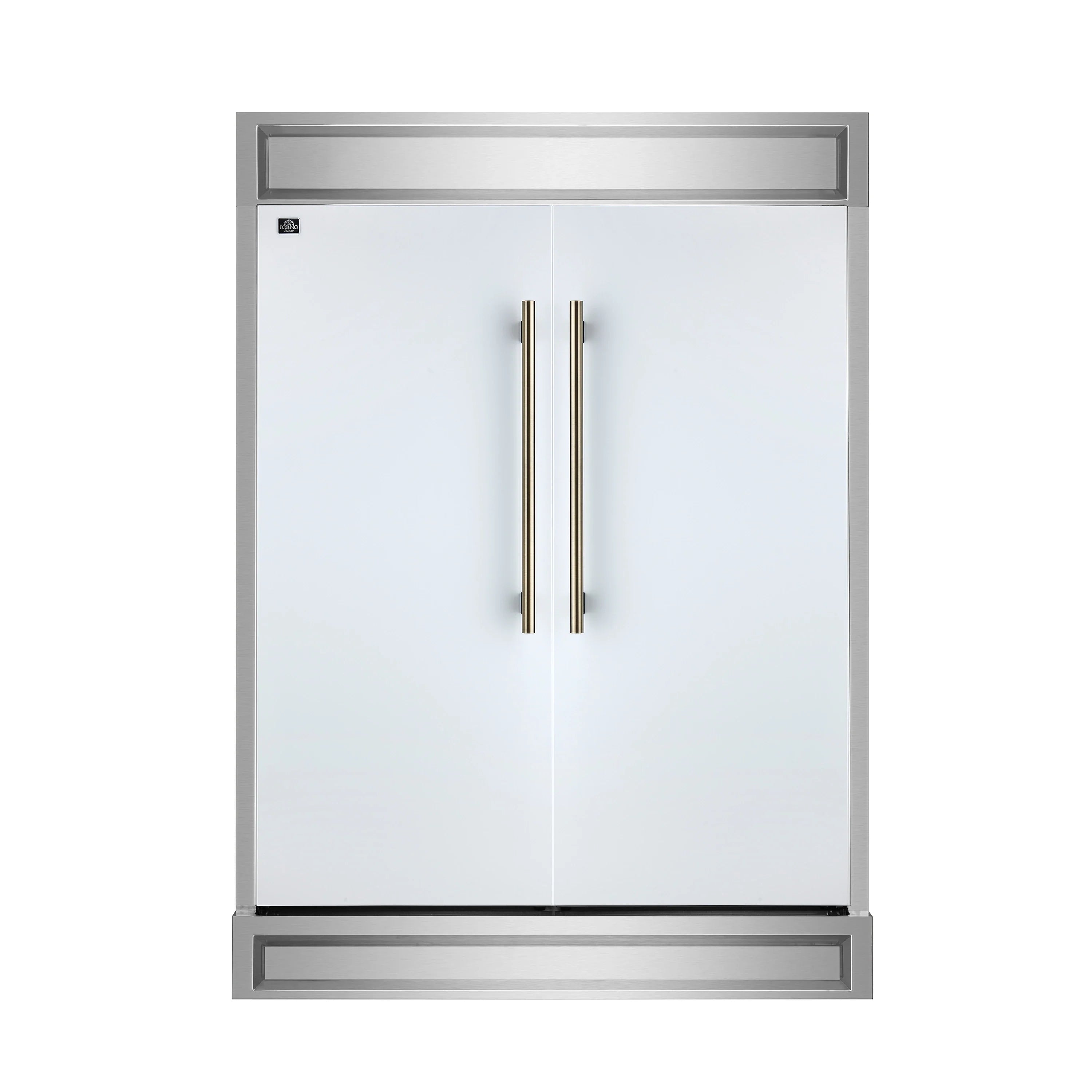White refrigerator with antique brass vertical handles and top freezer door
