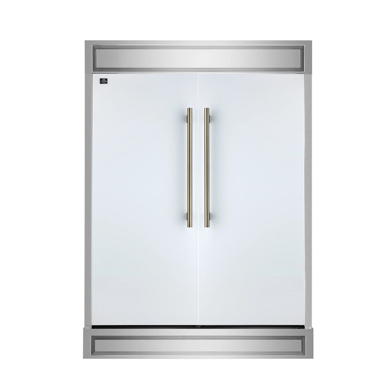 Forno 4-Piece Appliance Package - 48-Inch Gas Range, 60-Inch Refrigerator, Dishwasher, & 24-Inch Microwave Drawer in White with Antique Brass Handle