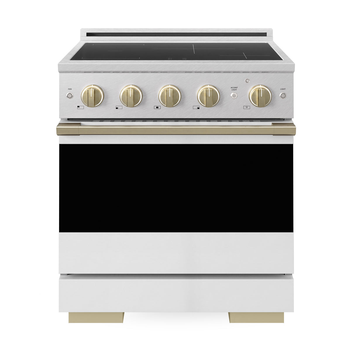 ZLINE Autograph 30-Inch Marino Induction Range in Satin Stainless Steel with White Matte and Champagne Bronze (MINRSZ-WM-30-CB) - front view