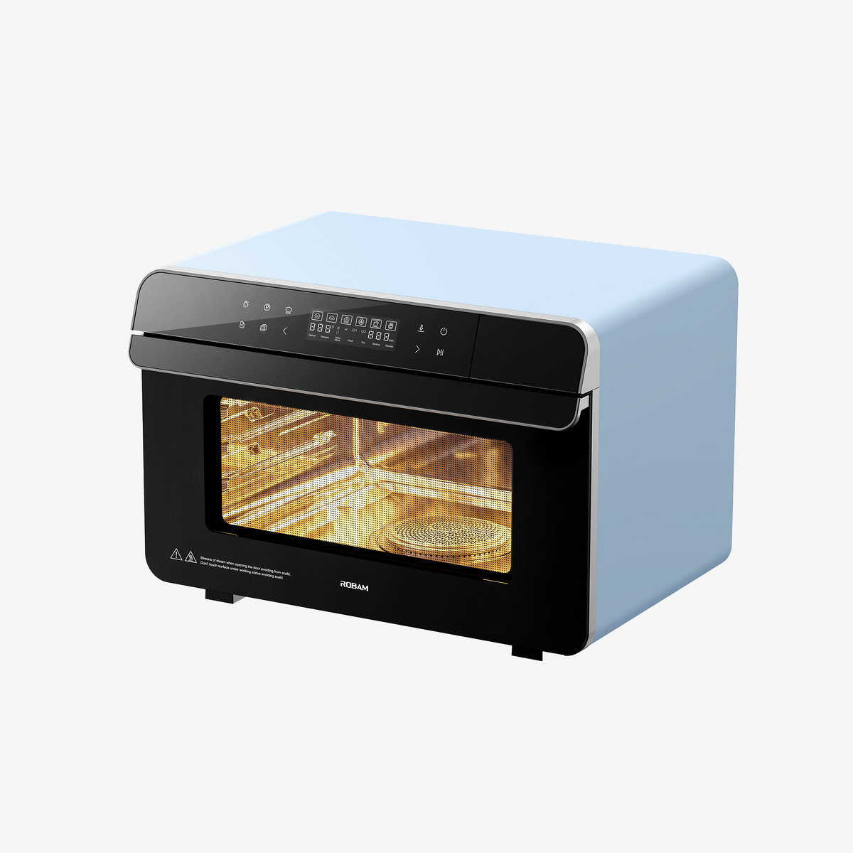 Light-blue ROBAM combi steam oven with open door and illuminated interior
