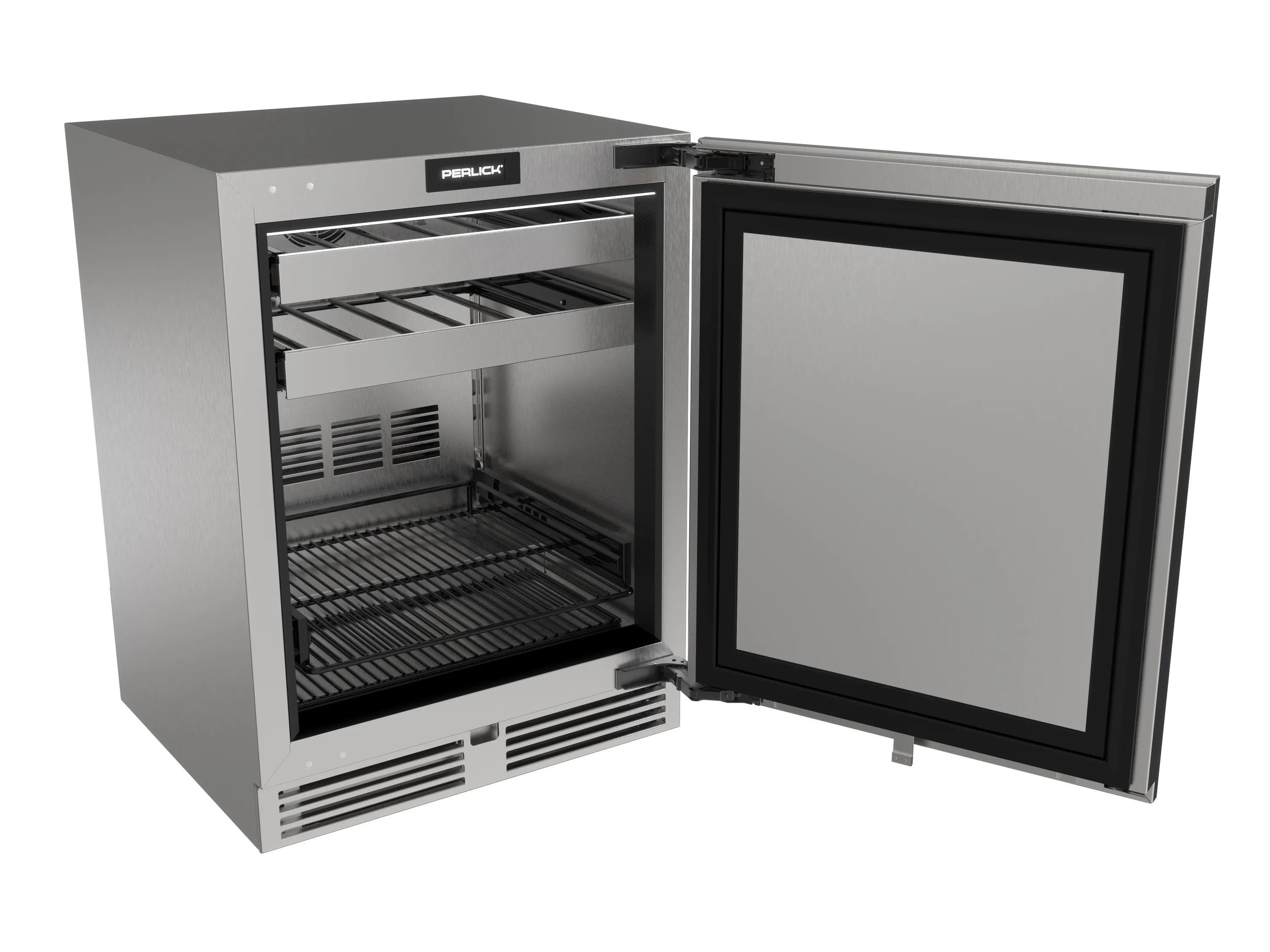 Perlick undercounter beverage center with open solid door and stainless interior shelves