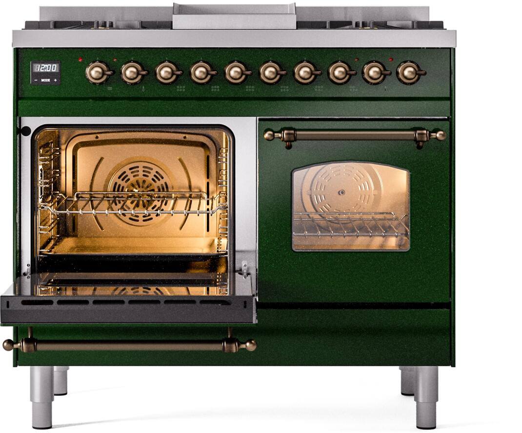 Emerald green dual fuel range with left oven door open and right door closed