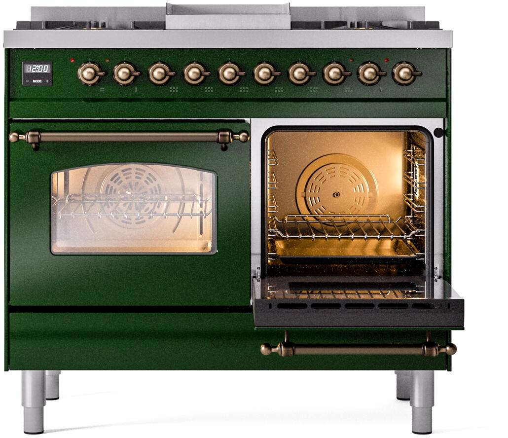 Emerald green dual fuel freestanding range with open drawer-style oven door and bronze handles