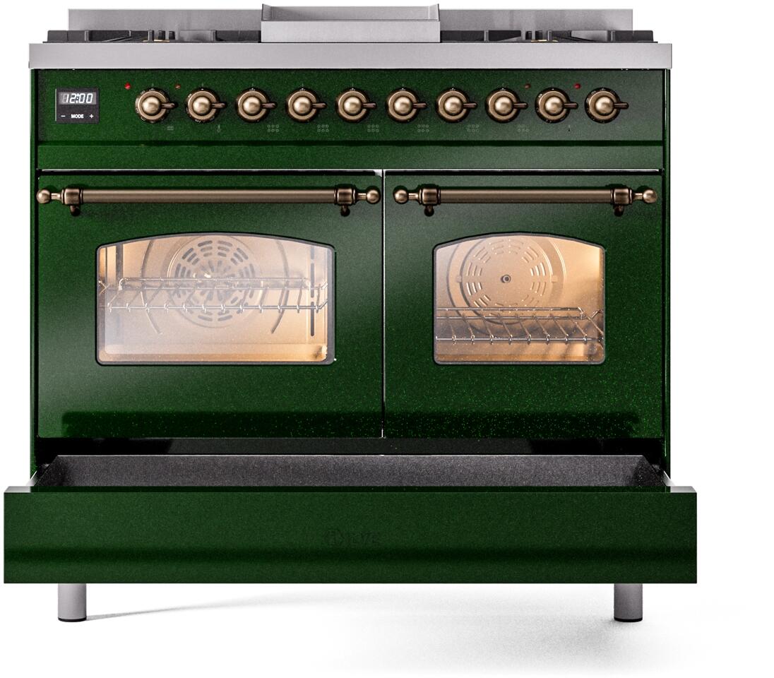 Emerald green dual fuel freestanding range with two glass oven windows and bronze control knobs