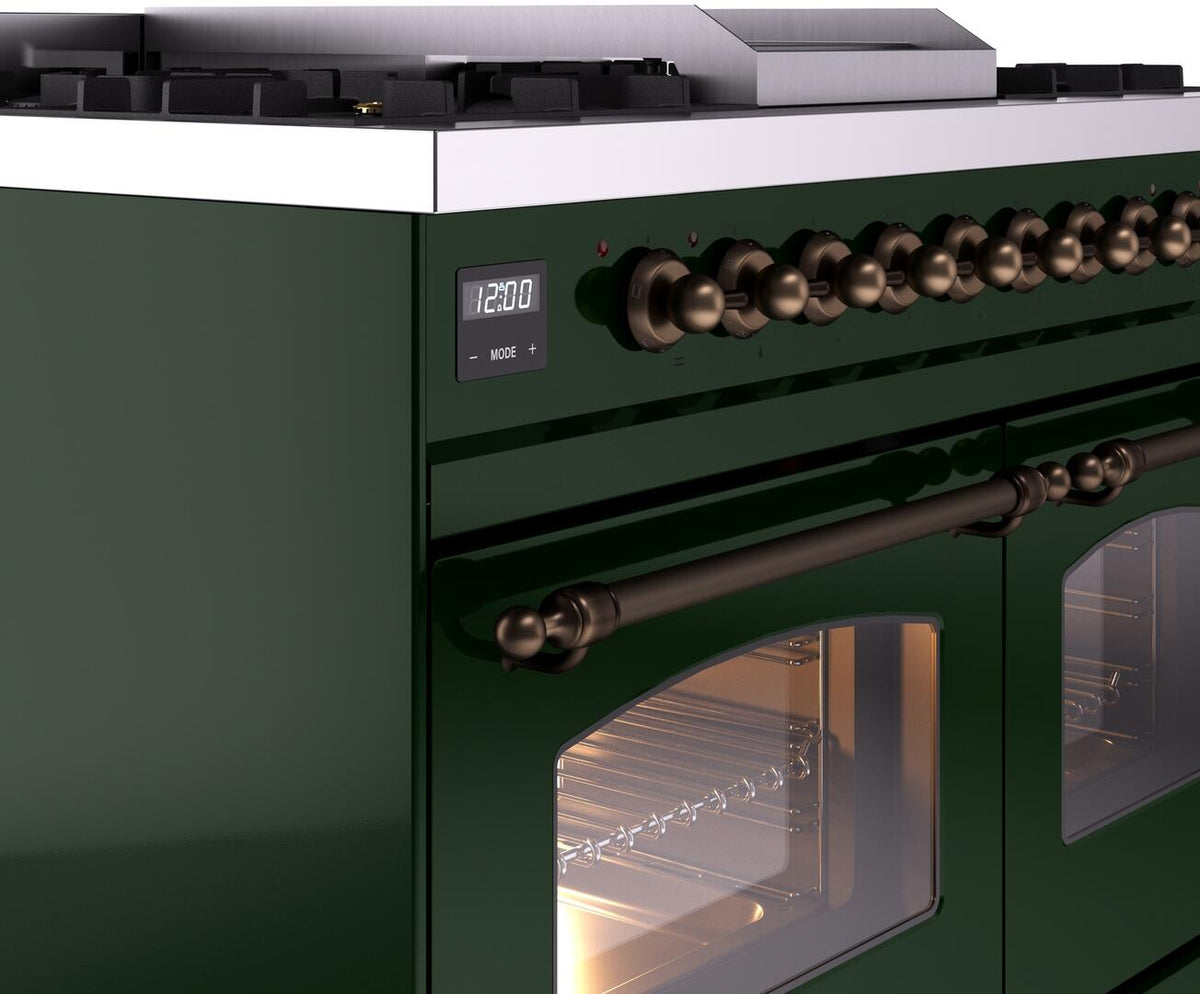 Emerald green dual fuel freestanding range control panel with bronze knobs and display