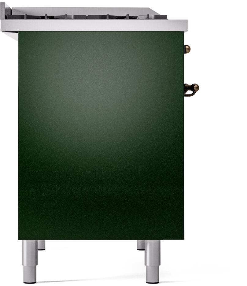 Emerald green side panel of freestanding dual fuel range with bronze handle and feet