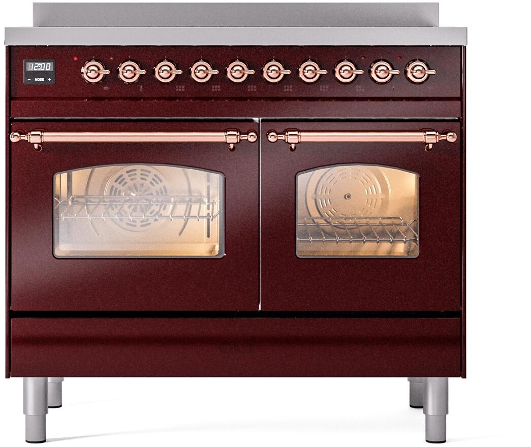 Burgundy freestanding induction range front view with copper trim and two oven windows
