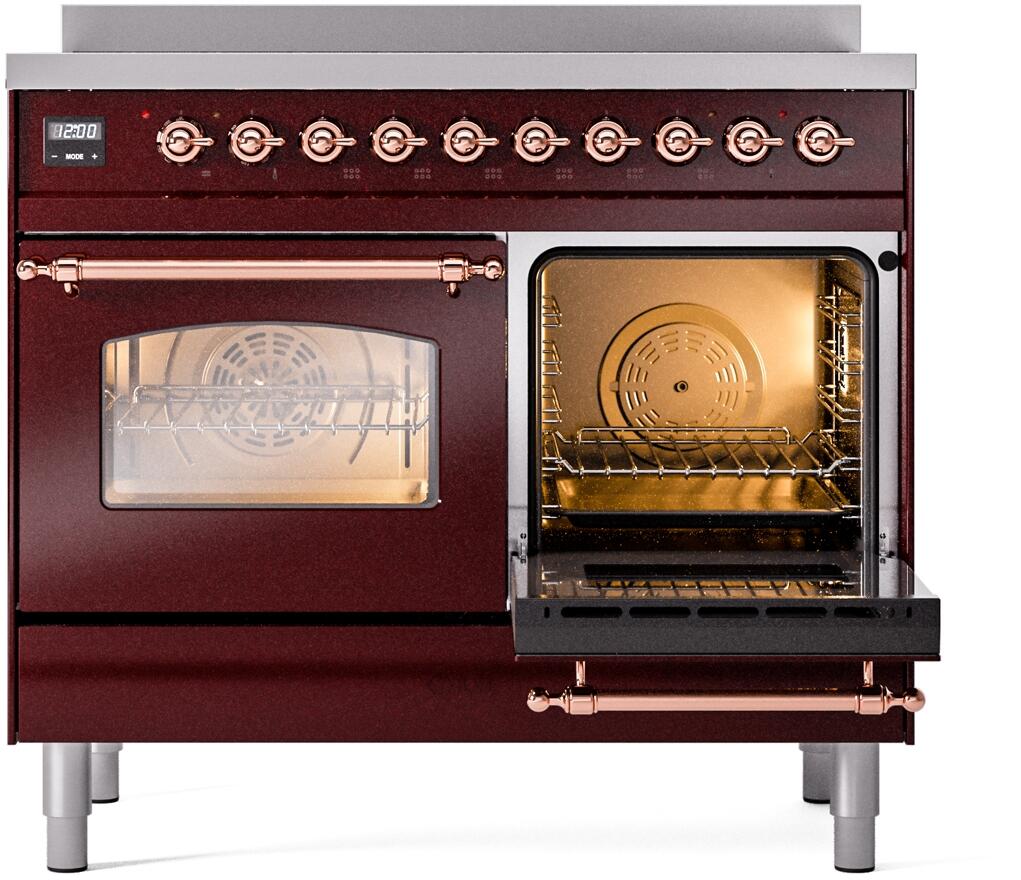 Burgundy freestanding induction range with copper-trim controls and two oven doors