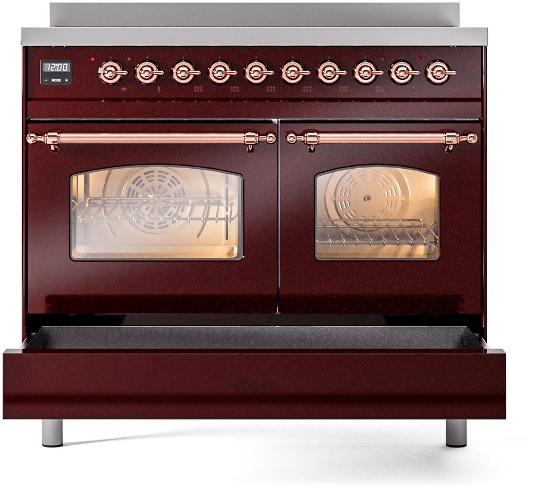 Burgundy induction range with two lit oven windows and copper handle bars