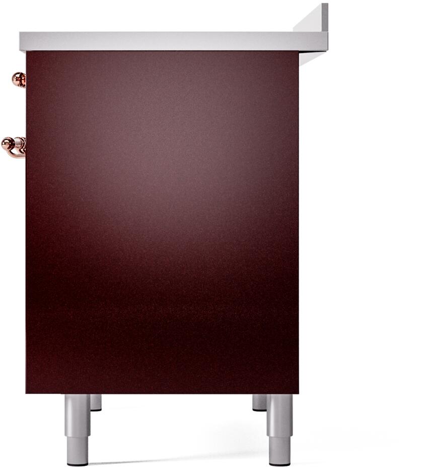 Burgundy freestanding oven side panel with copper handle and four feet