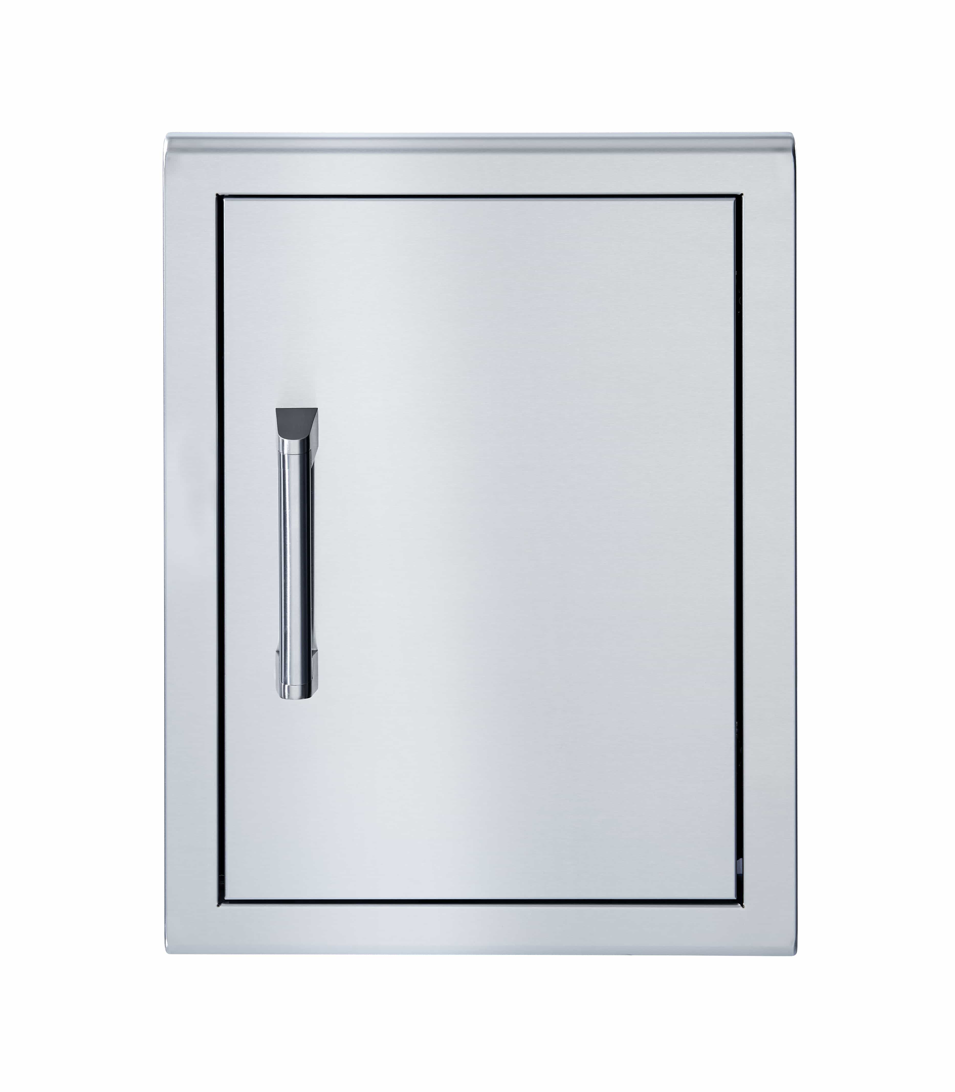 Stainless steel single door with black-trim frame and vertical handle