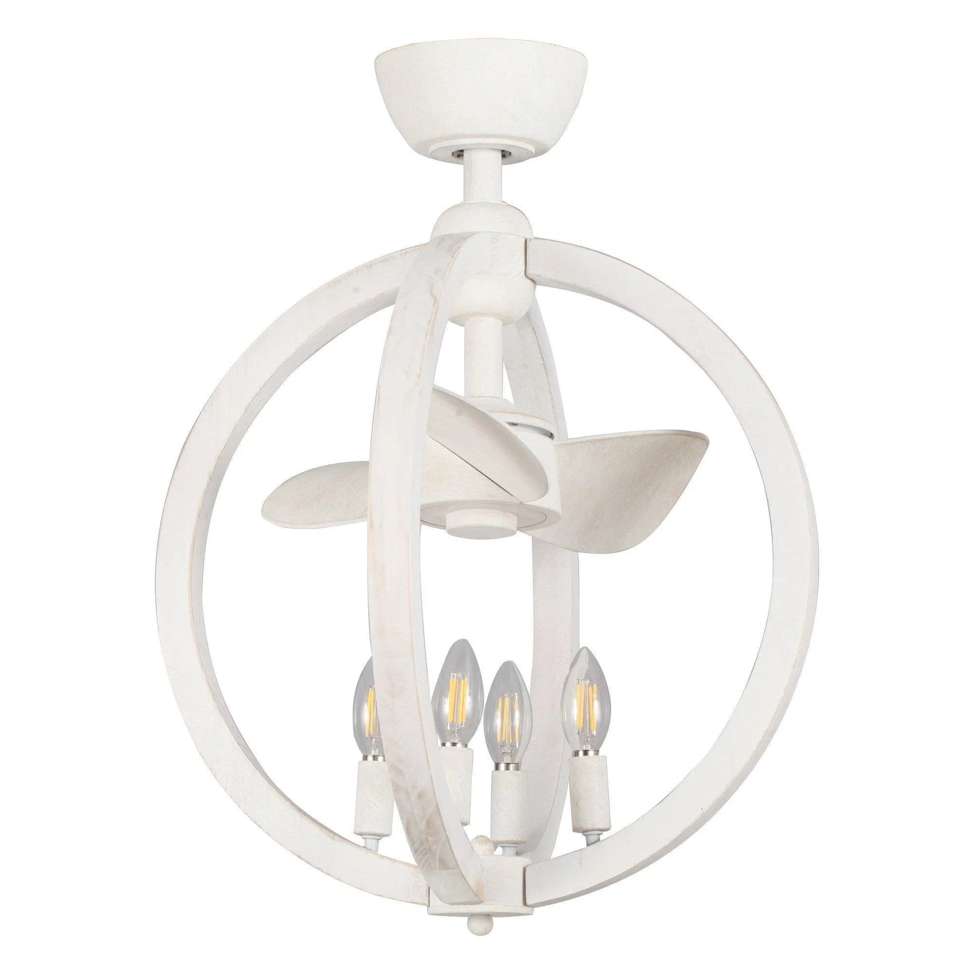 White ceiling fan with light kit and four blades, side view with glowing bulbs