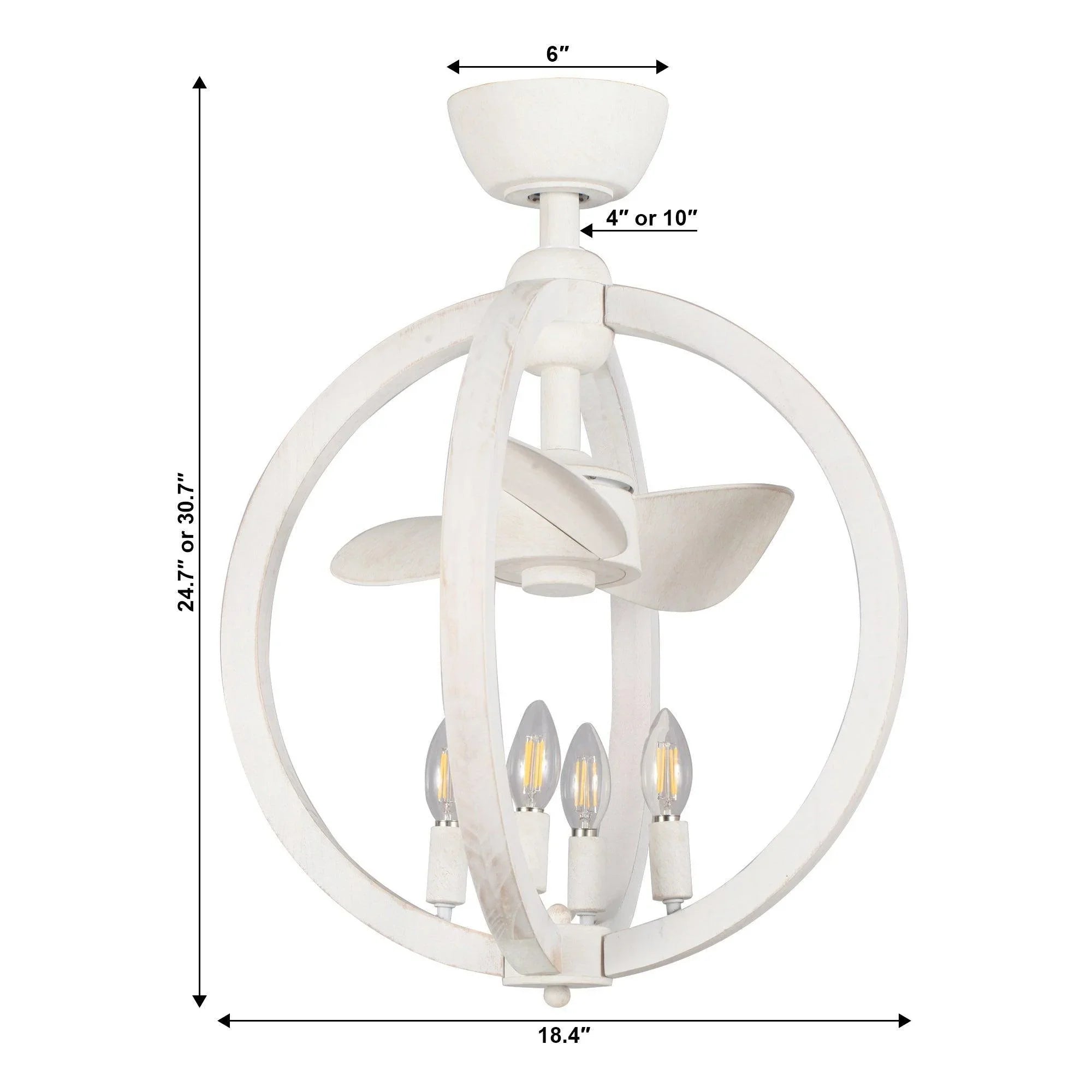 Ceiling fan dimensions diagram with white finish and downrod and blade span