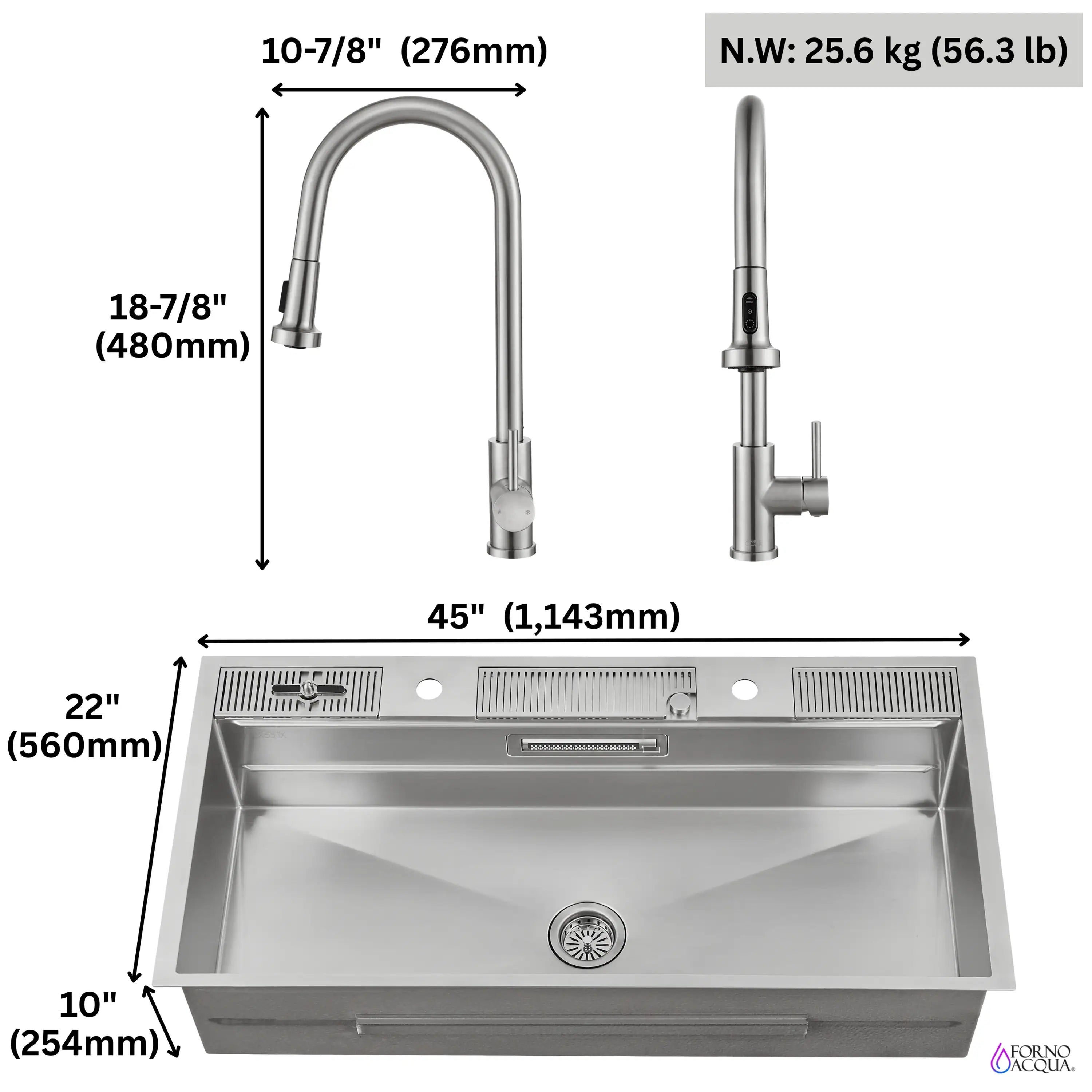 Forno Acqua 45-inch stainless steel workstation sink with faucet dimension diagram