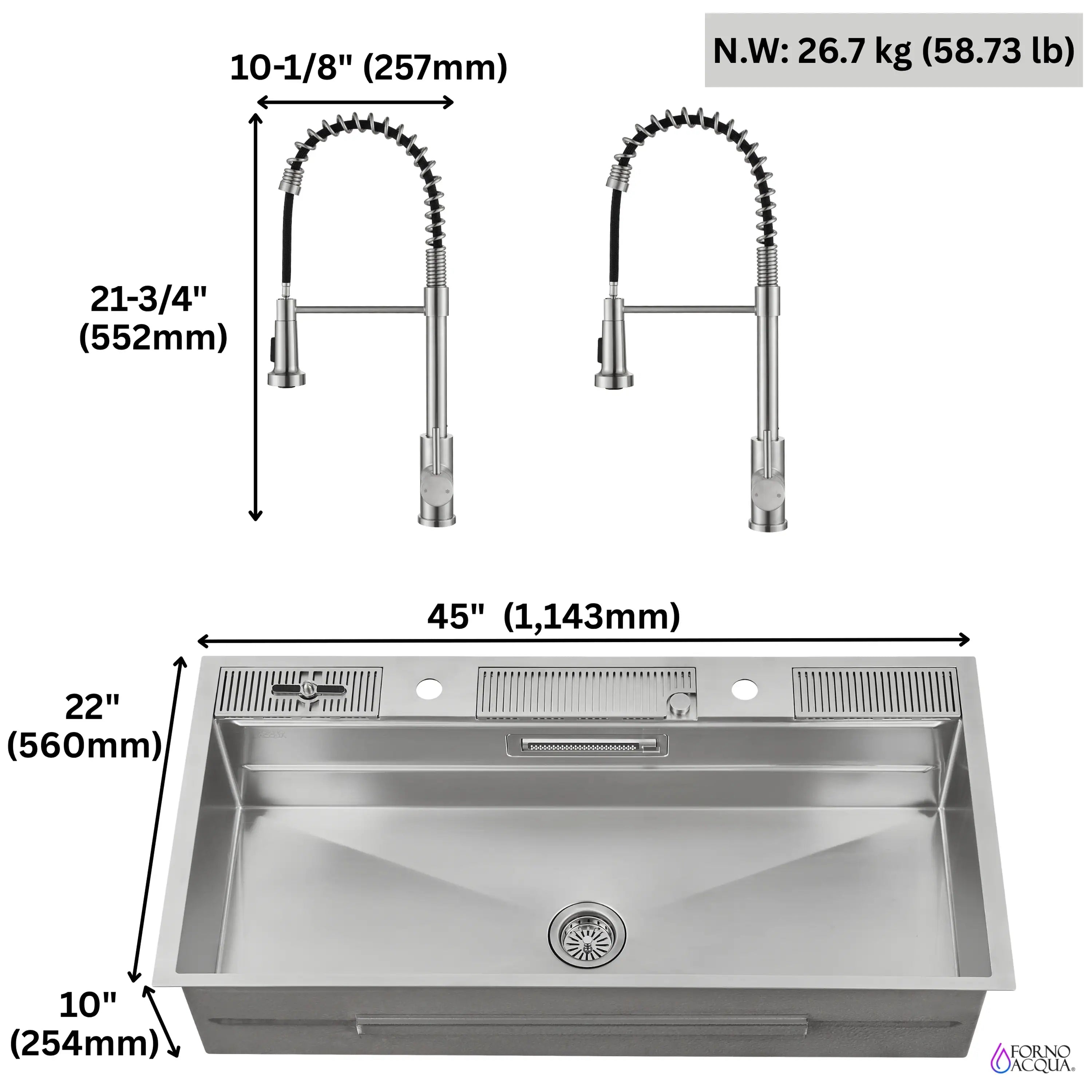 Drop-in/undermount stainless sink dimensions with dual faucet layout, side view
