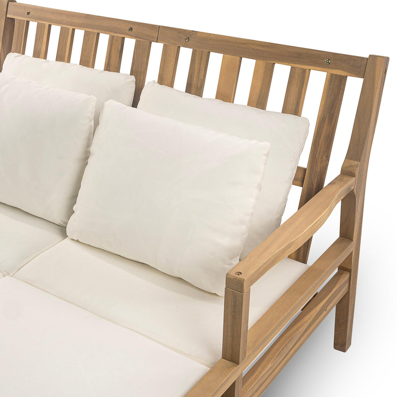 Parrot Uncle Outdoor Patio Daybed with Four Pillows, Wooden Outdoor Bed with Curved Armrests for Poolside, Backyard, Garden