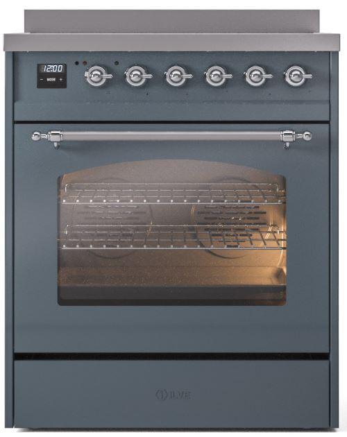 ILVE Nostalgie II 30-Inch Freestanding Electric Induction Range in Blue Grey with Chrome Trim (UPI304NMPBGC)