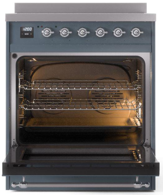 Open oven chamber with multiple racks and heating elements in blue-grey range