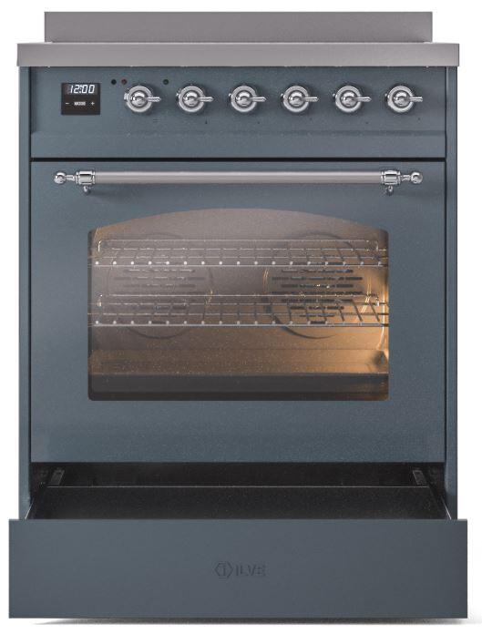Blue-grey oven door open showing wire racks and warm interior light