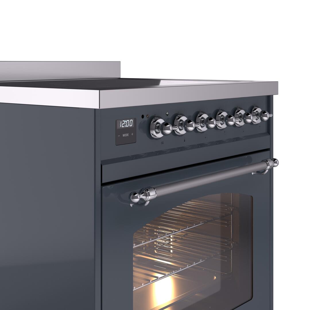 Blue-grey oven range control knobs and digital display with chrome vent trim
