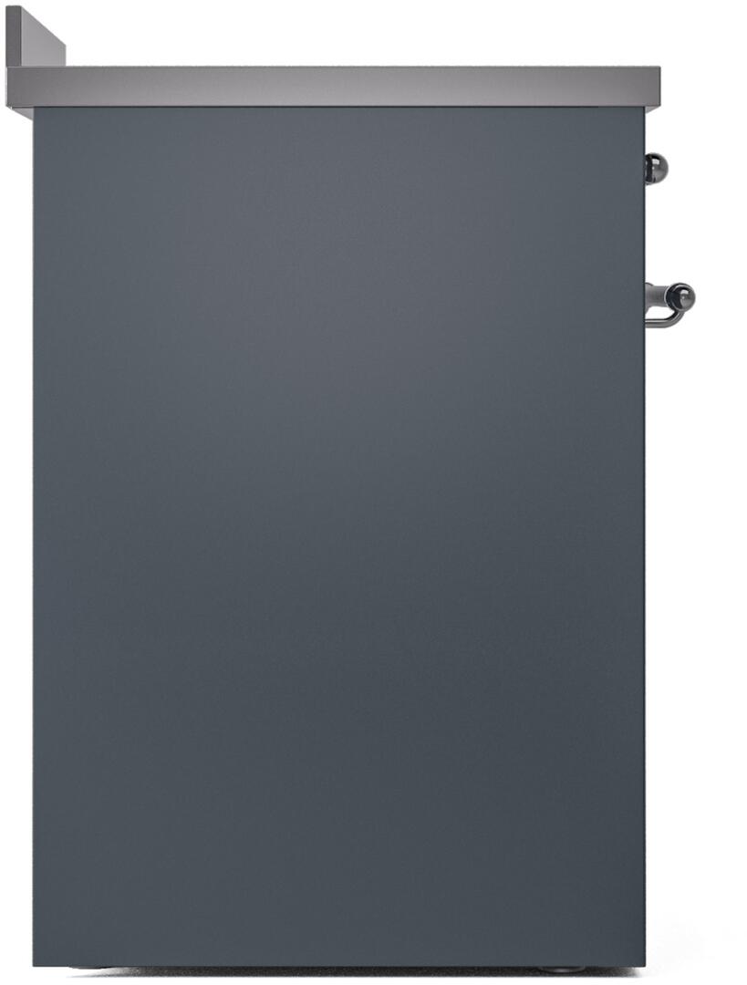 Blue-grey freestanding range front corner with chrome trim and side handle posts