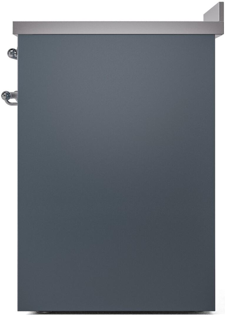 Blue-grey freestanding range back panel with chrome side handles and trim