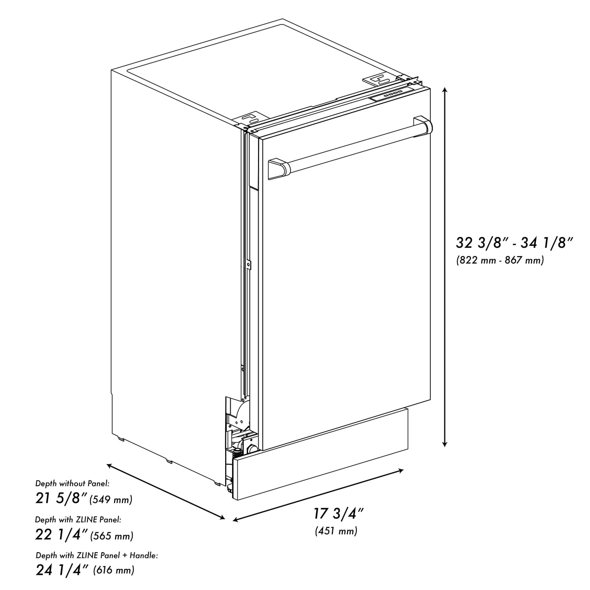 Dishwasher dimensions diagram with open door and top handle