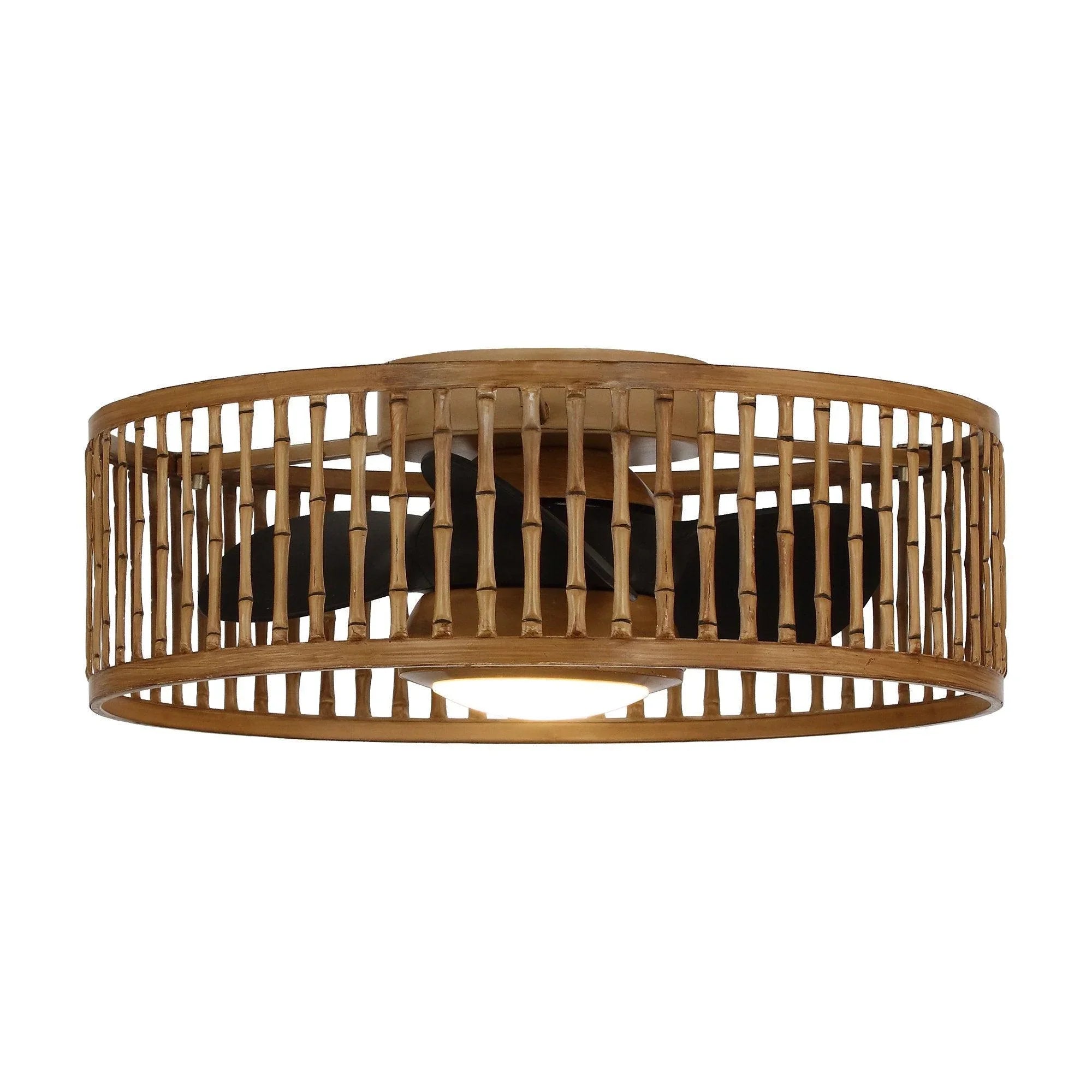 Brown flush mount ceiling fan with circular slatted housing and LED light glow