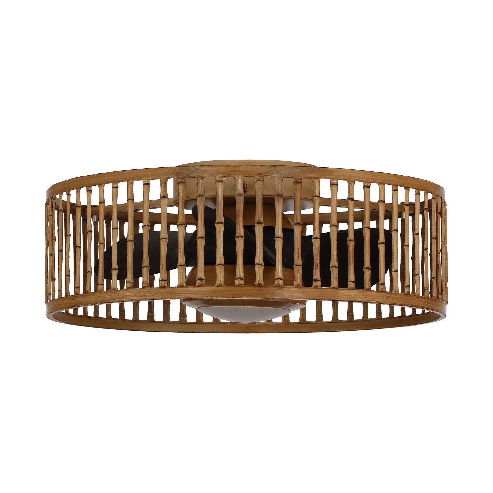Brown farmhouse flush mount ceiling fan with slatted drum shade and integrated light
