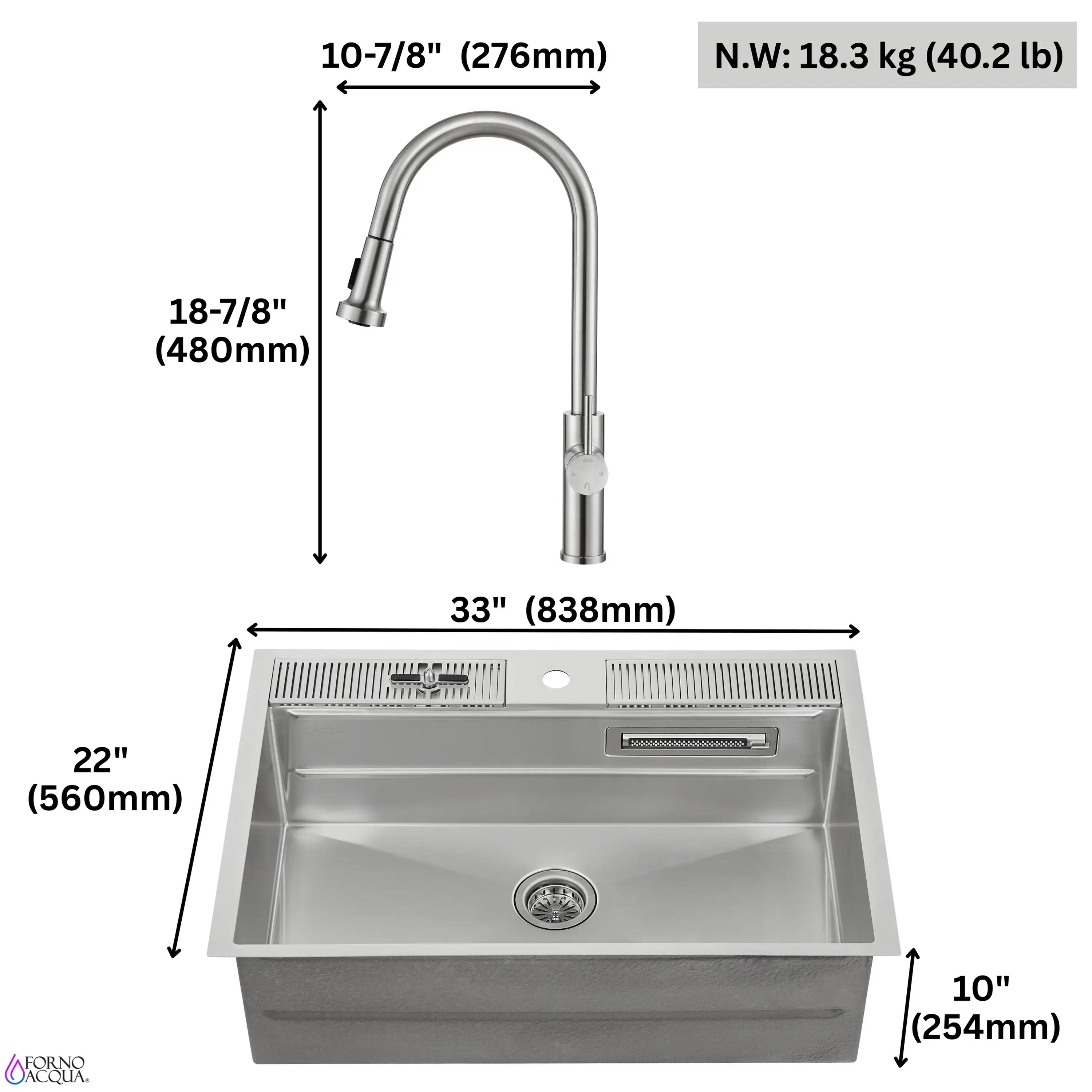 33-inch workstation sink with retractable faucet and glass rinser, stainless steel basin.