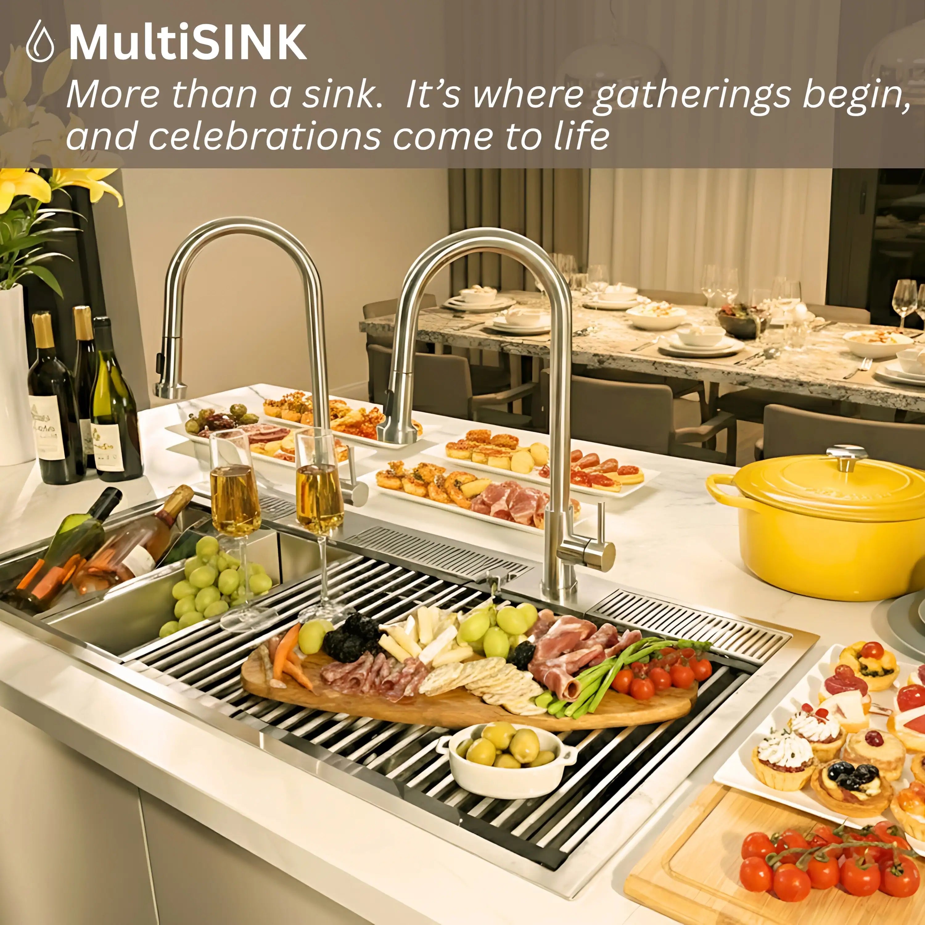 MultiSANk workstation sink setup with dual faucets and stainless steel rinsing grates