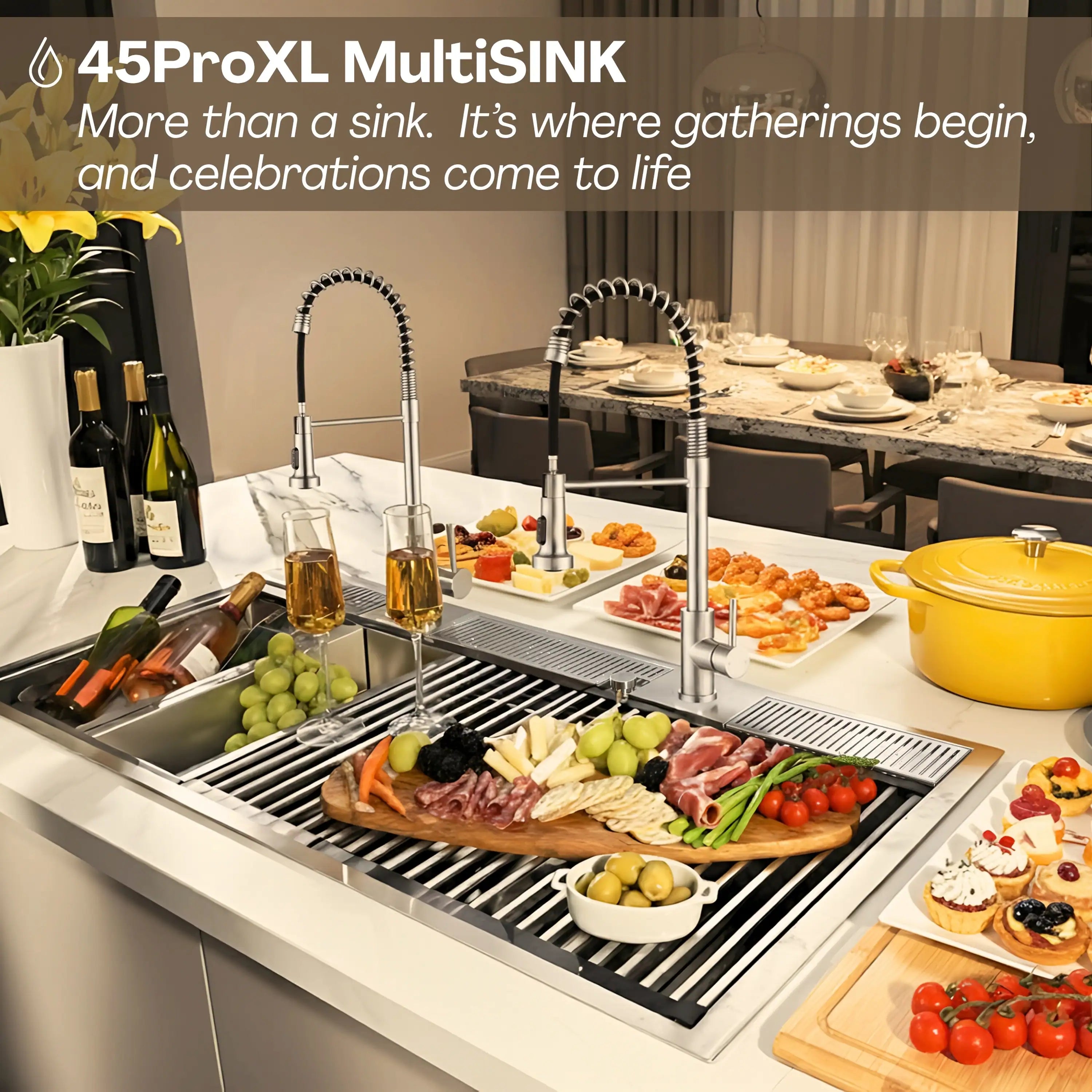 45ProXL MultiSINK workstation sink with dual faucets and multiple prep/dry stations