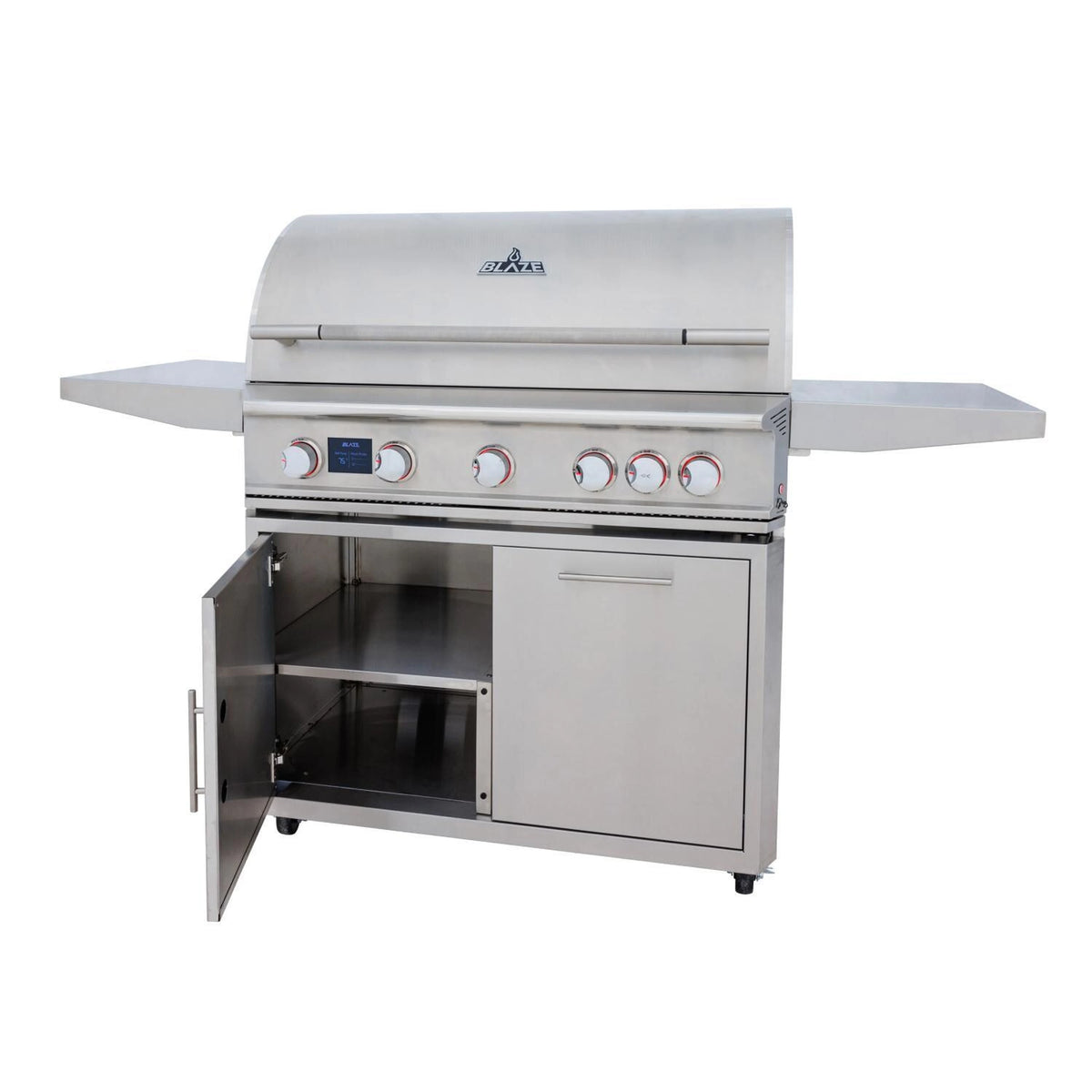Stainless steel gas grill cart with side shelves, control panel, and open lower cabinet